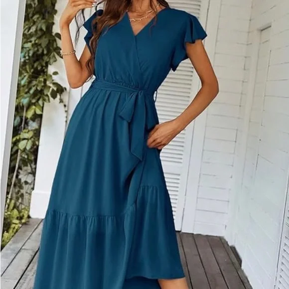 NWT PrettyGarden XXL flowy &flattering blue dress Wrap Vneck ruffle sleeve - Picture 4 of 10